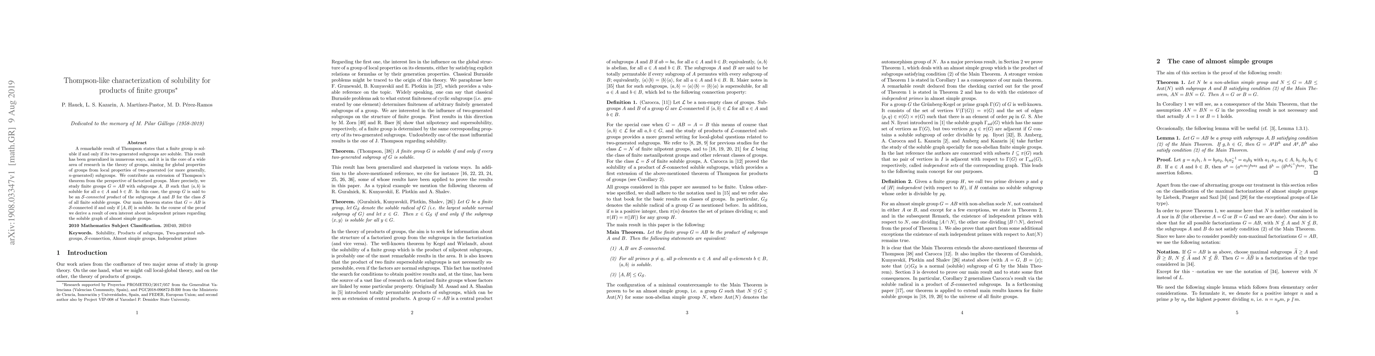 Thumbnail for Thompson-like characterization of solubility for products of finite
  groups