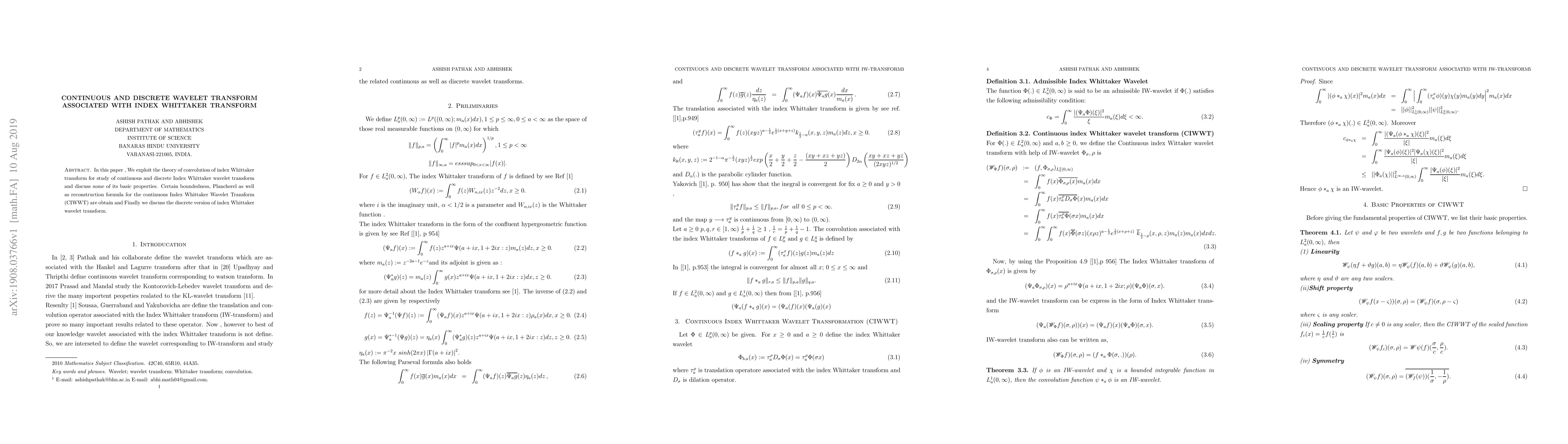 Thumbnail for Wavelet transforms associated with the Index Whittaker transform