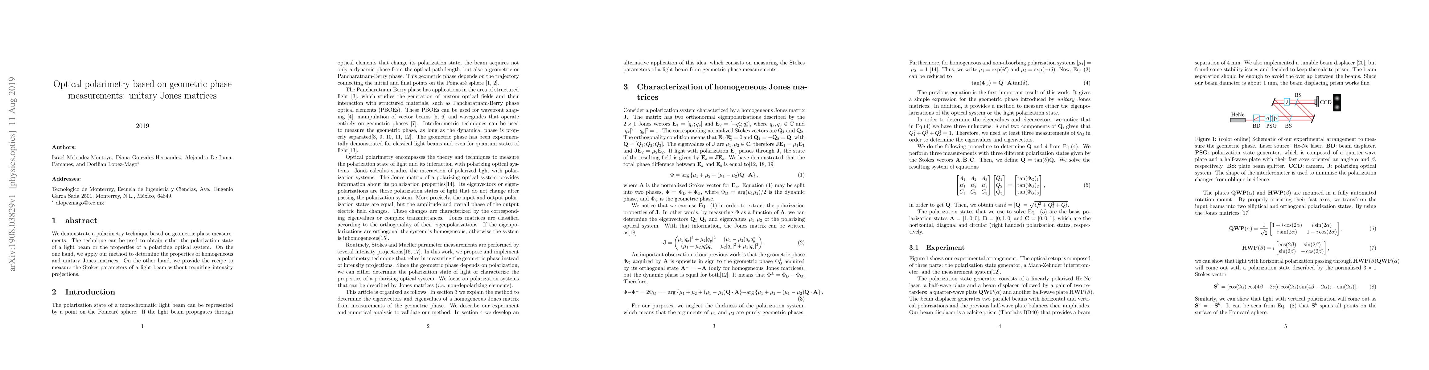 Thumbnail for Optical polarimetry based on geometric phase measurements: unitary Jones
  matrices