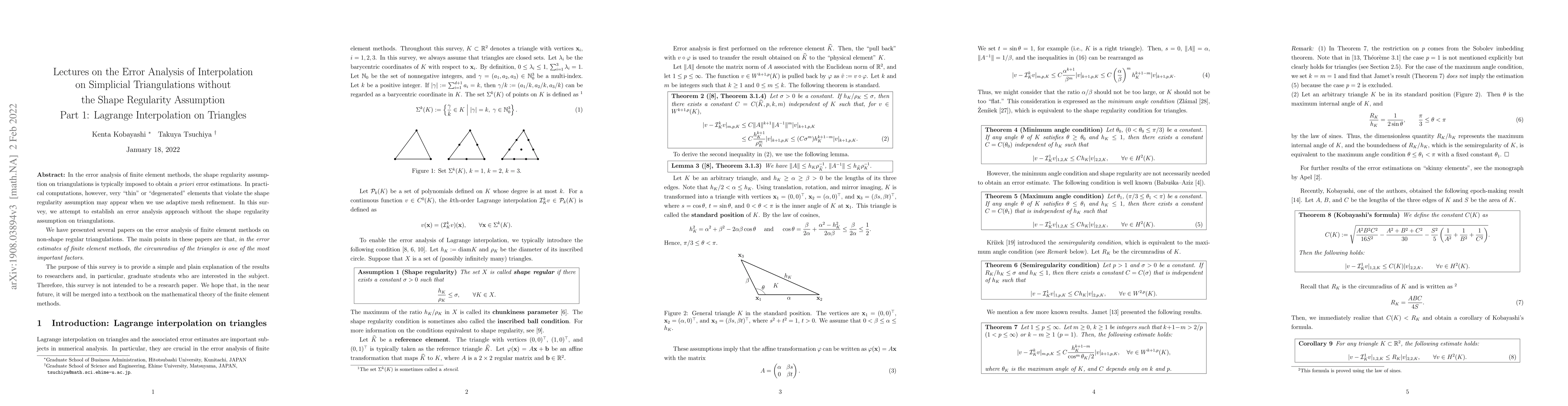 Thumbnail for Lectures on error analysis of interpolation on simplicial triangulations
  without the shape-regularity assumption Part 1: Lagrange interpolation on
  triangles