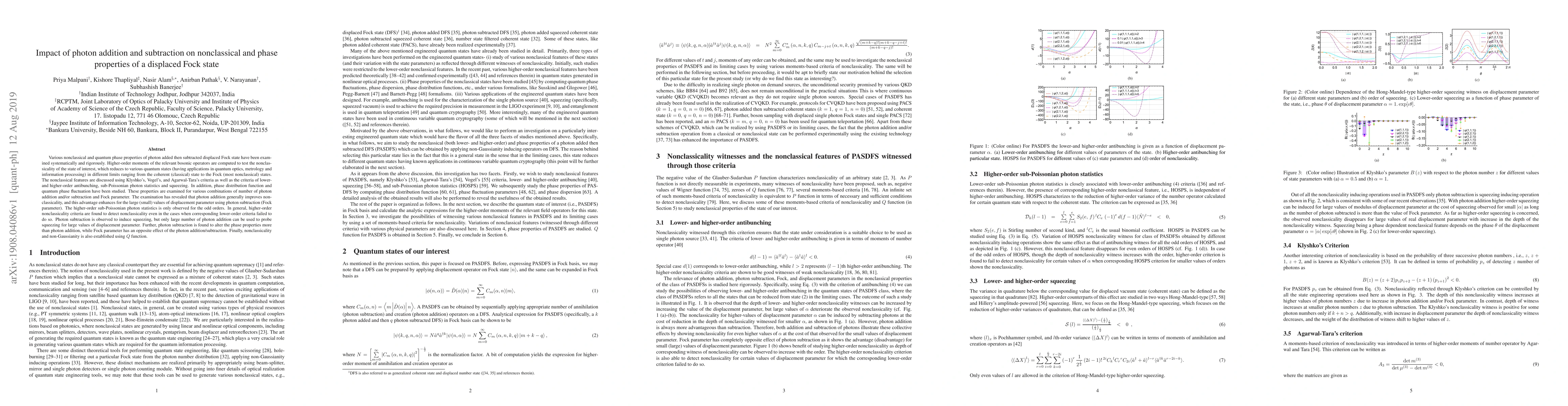 Thumbnail for Impact of photon addition and subtraction on nonclassical and phase
  properties of a displaced Fock state