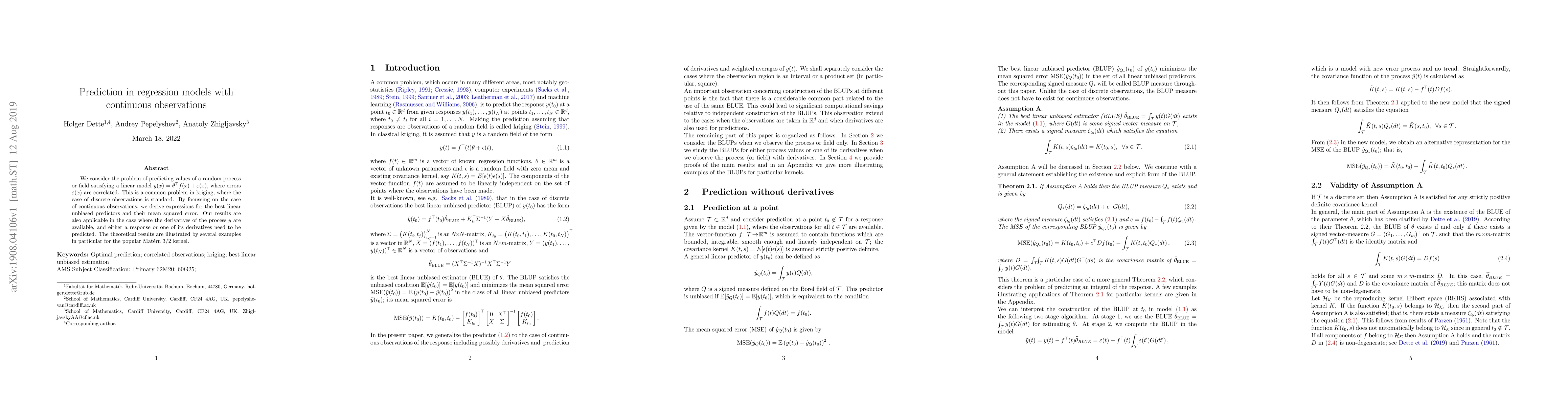 Thumbnail for Prediction in regression models with continuous observations