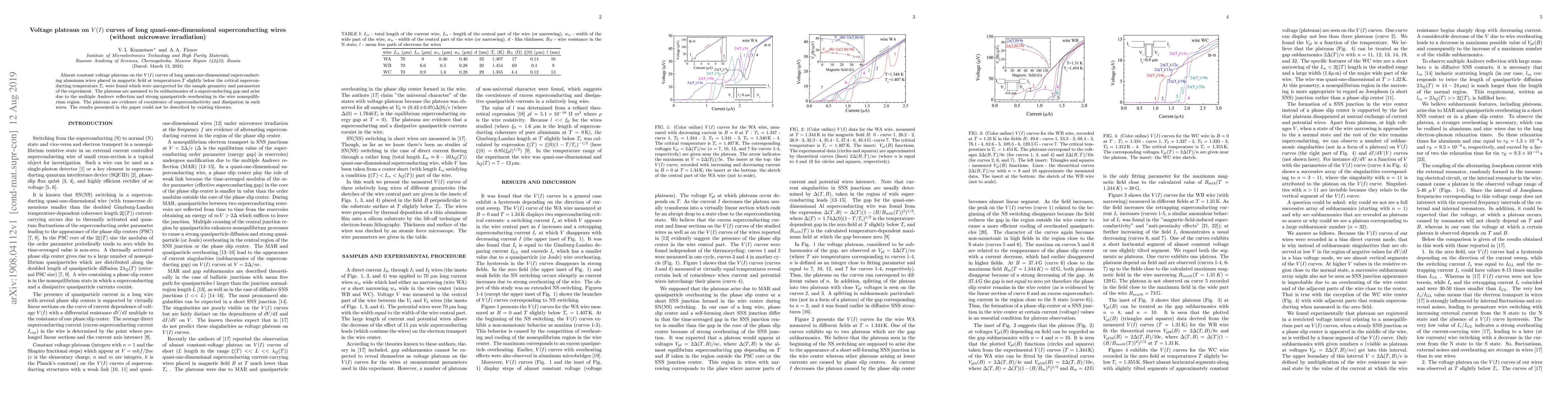 Thumbnail for Voltage plateaus on V(I) curves of long quasi-one-dimensional
  superconducting wires (without microwave irradiation)