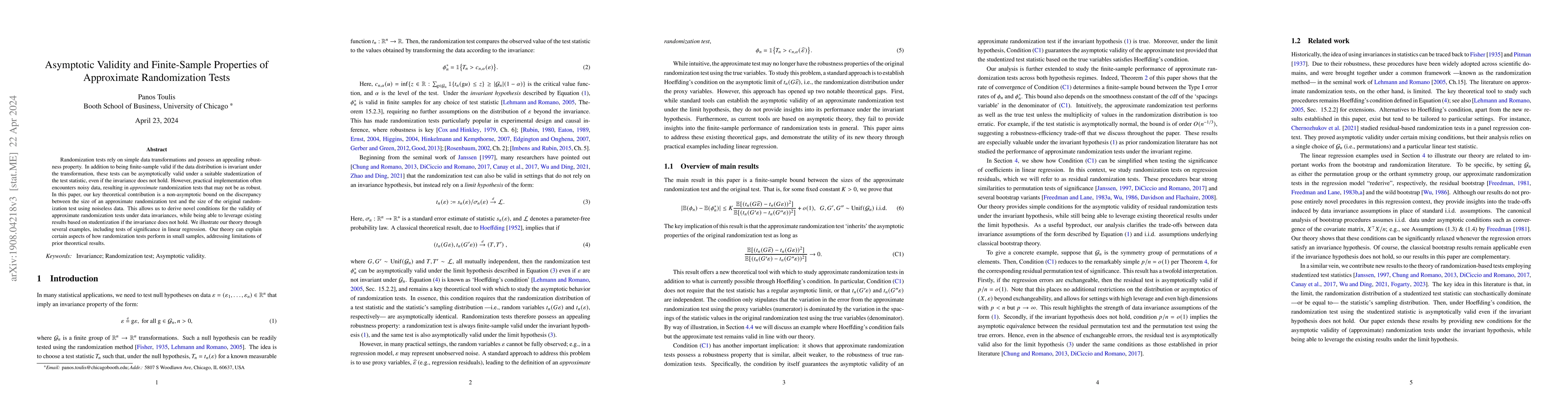 Thumbnail for Asymptotic Validity and Finite-Sample Properties of Approximate
  Randomization Tests