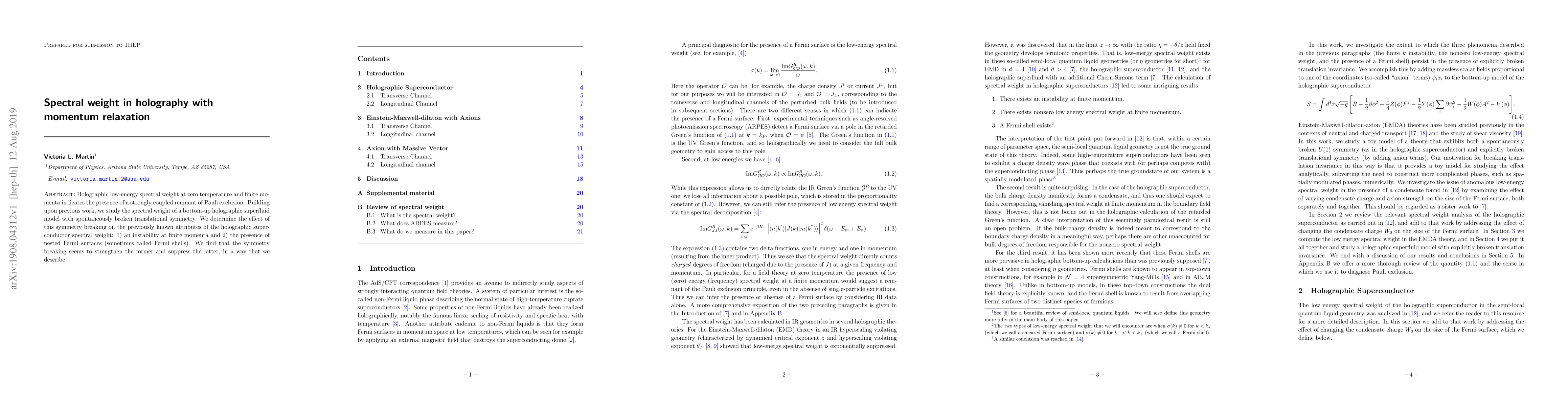 Thumbnail for Spectral weight in holography with momentum relaxation