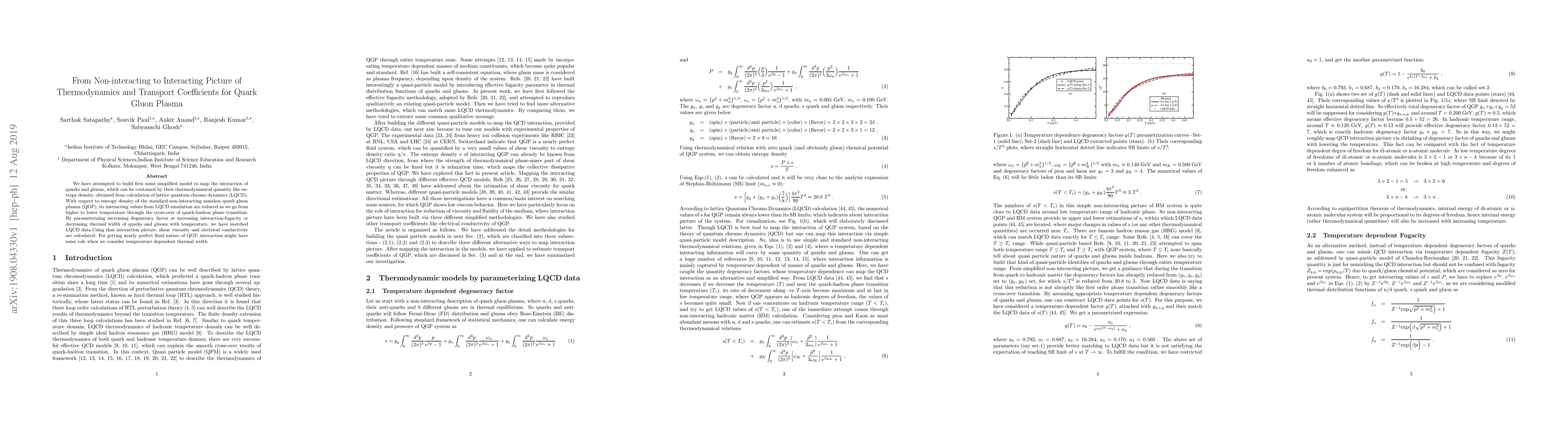 Thumbnail for From Non-interacting to Interacting Picture of Thermodynamics and
  Transport Coefficients for Quark Gluon Plasma