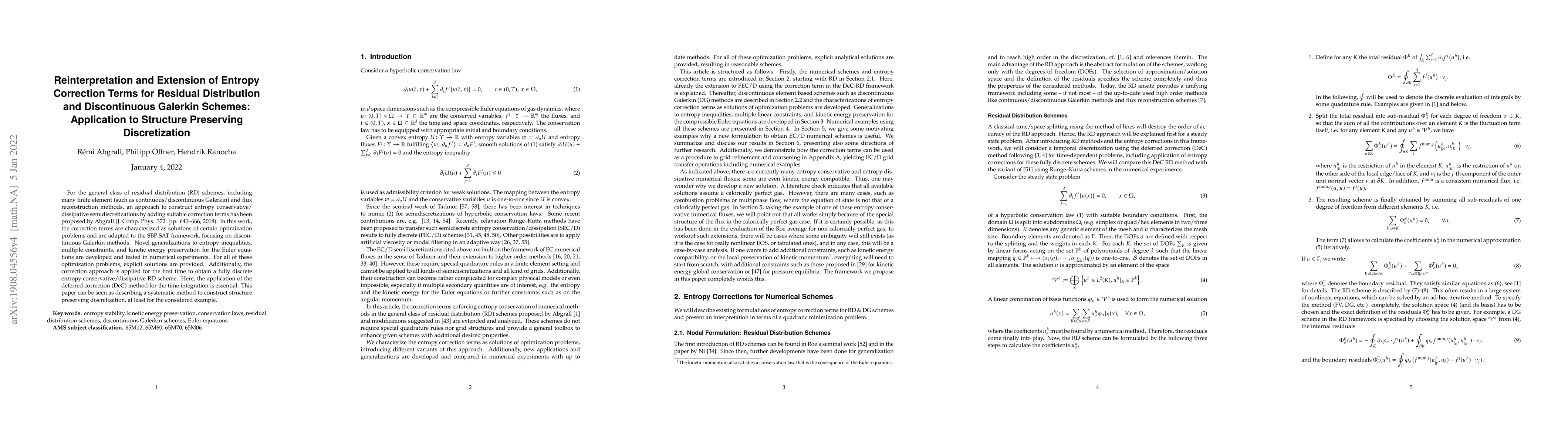 Thumbnail for Reinterpretation and Extension of Entropy Correction Terms for Residual
  Distribution and Discontinuous Galerkin Schemes: Application to Structure
  Preserving Discretization