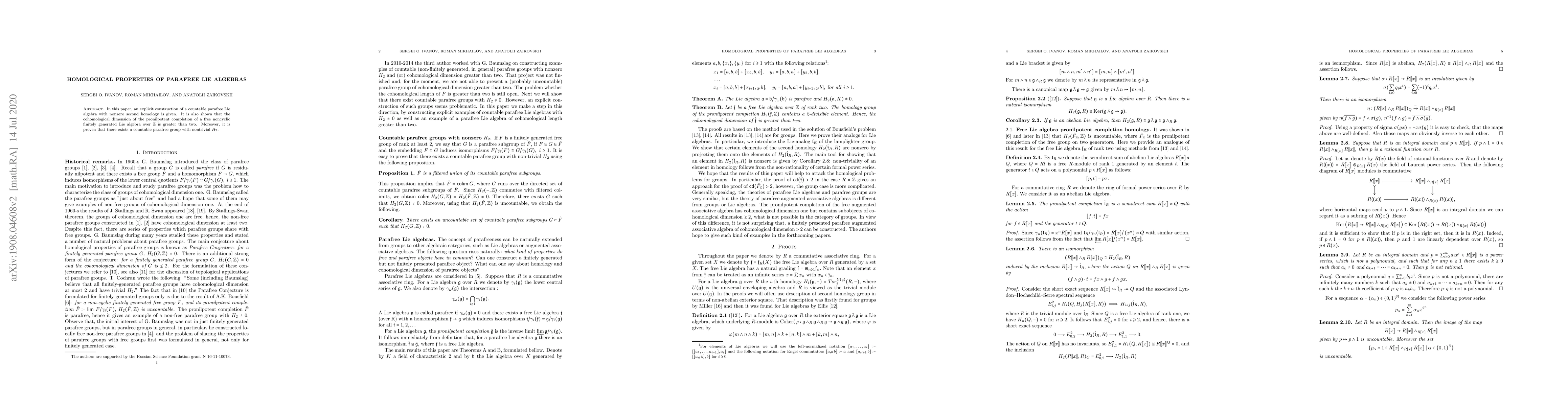 Thumbnail for Homological properties of parafree Lie algebras