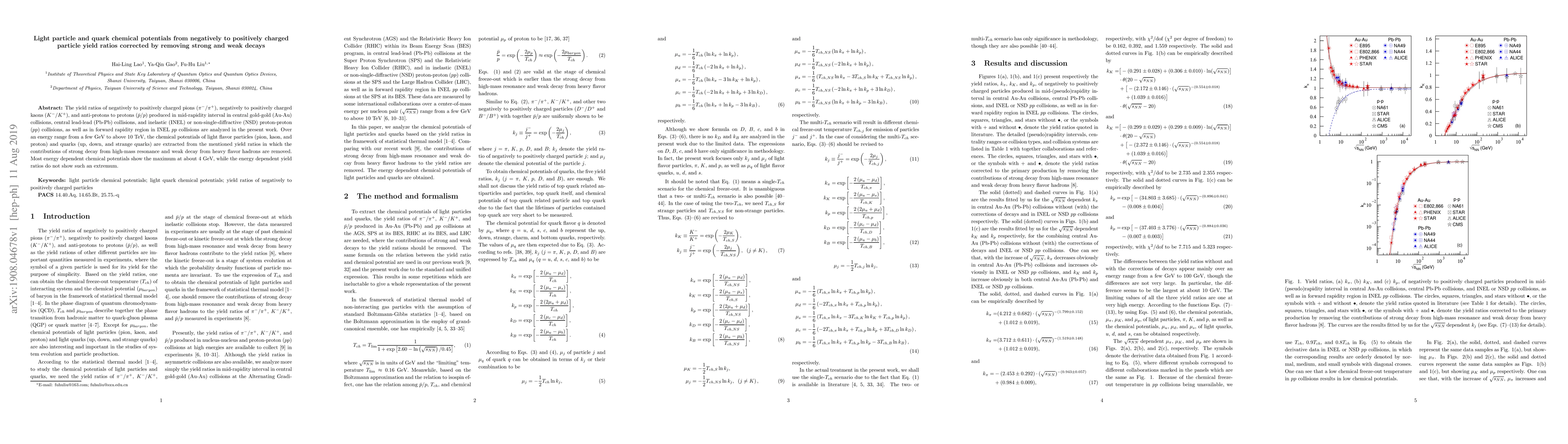 Thumbnail for Light particle and quark chemical potentials from negatively to
  positively charged particle yield ratios corrected by removing strong and
  weak decays