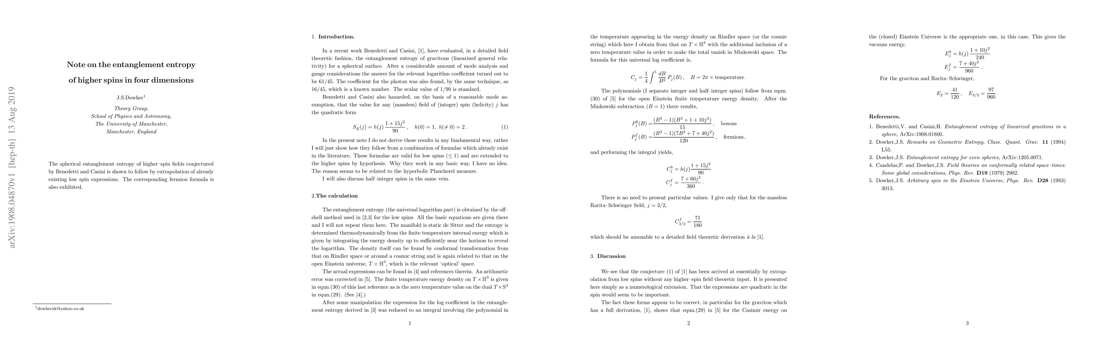 Thumbnail for Note on the entanglement entropy of higher spins in four dimensions
