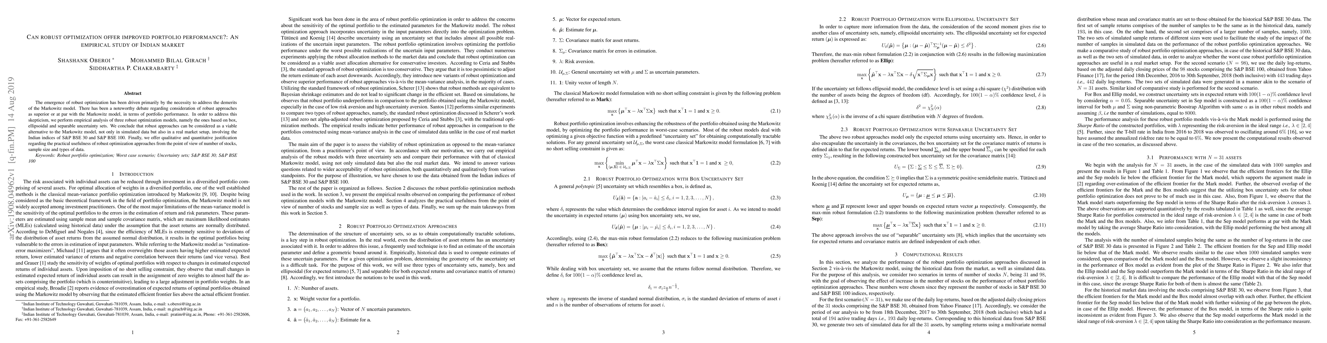 Thumbnail for Can robust optimization offer improved portfolio performance?: An
  empirical study of Indian market