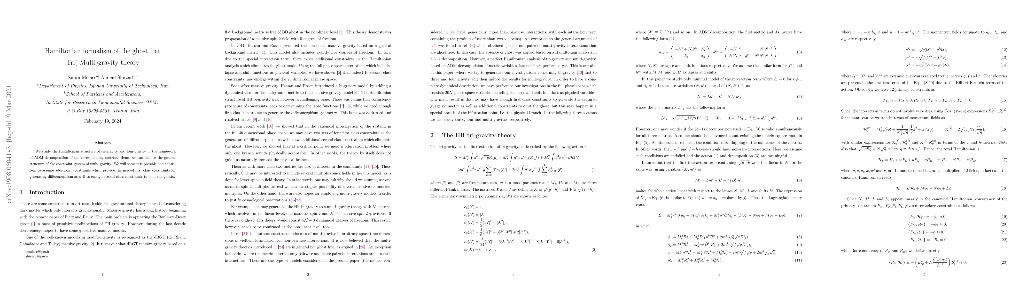 Thumbnail for Hamiltonian formalism of the ghost free Tri(-Multi)gravity theory