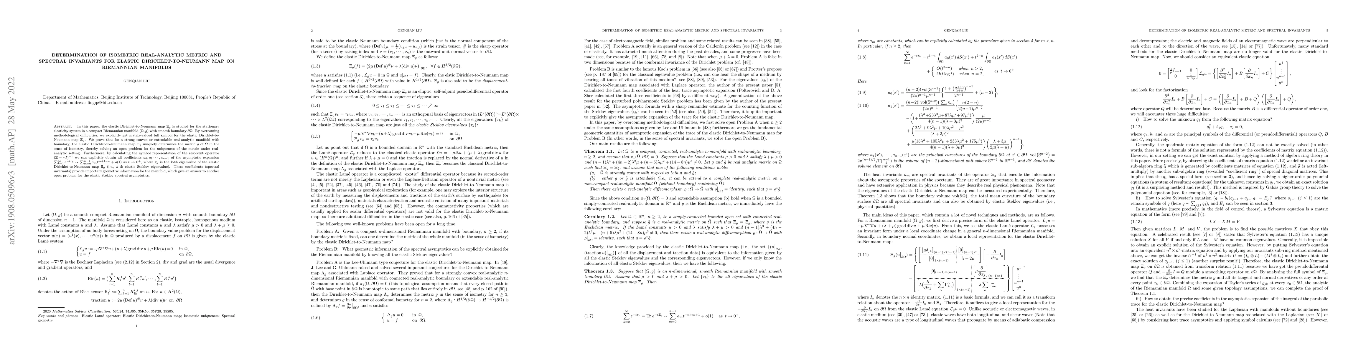 Thumbnail for Determination of isometric real-analytic metric and spectral invariants
  for elastic Dirichlet-to-Neumann map on Riemannian manifolds