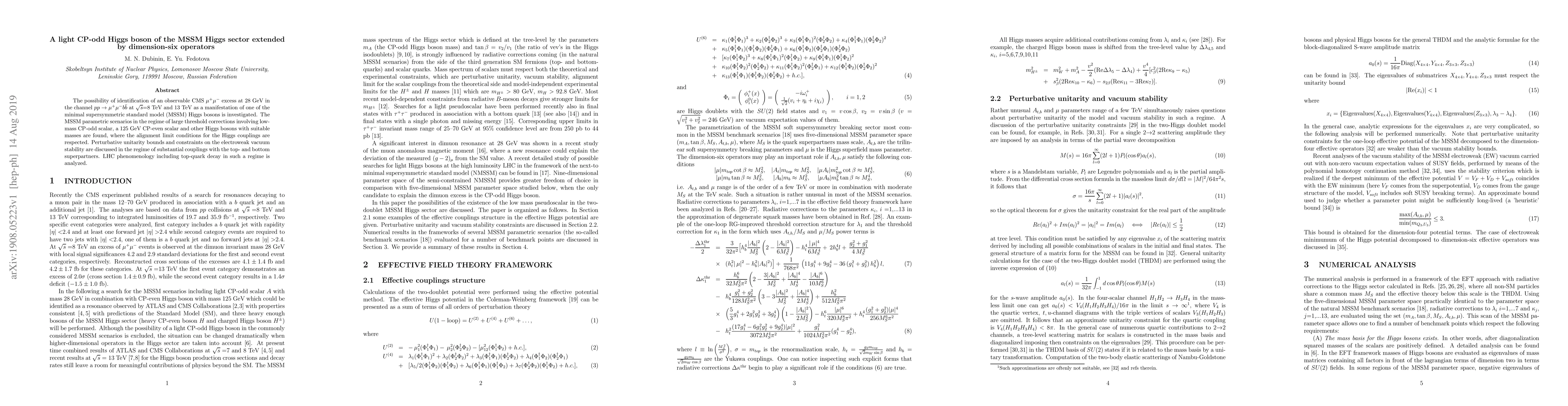 Thumbnail for A light CP-odd Higgs boson of the MSSM Higgs sector extended by
  dimension-six operators