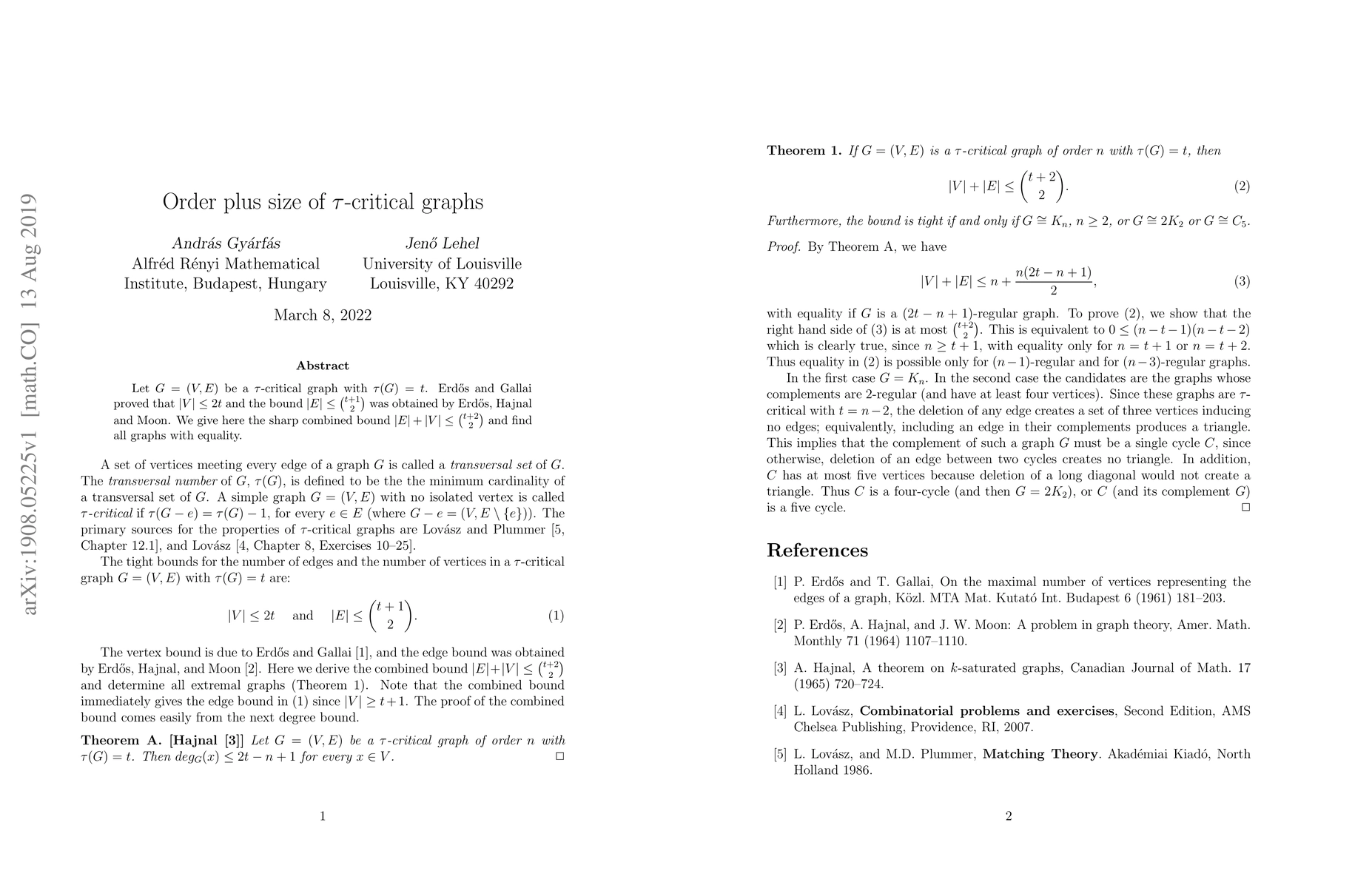 Thumbnail for Order plus size of $\tau$-critical graphs