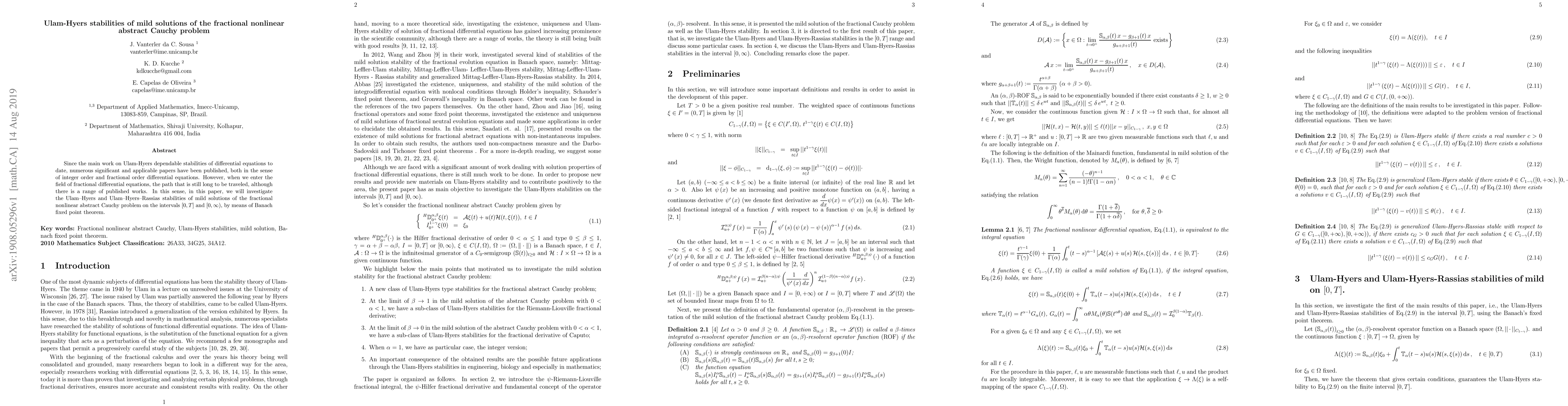 Thumbnail for Ulam-Hyers stabilities of mild solutions of the fractional nonlinear
  abstract Cauchy problem
