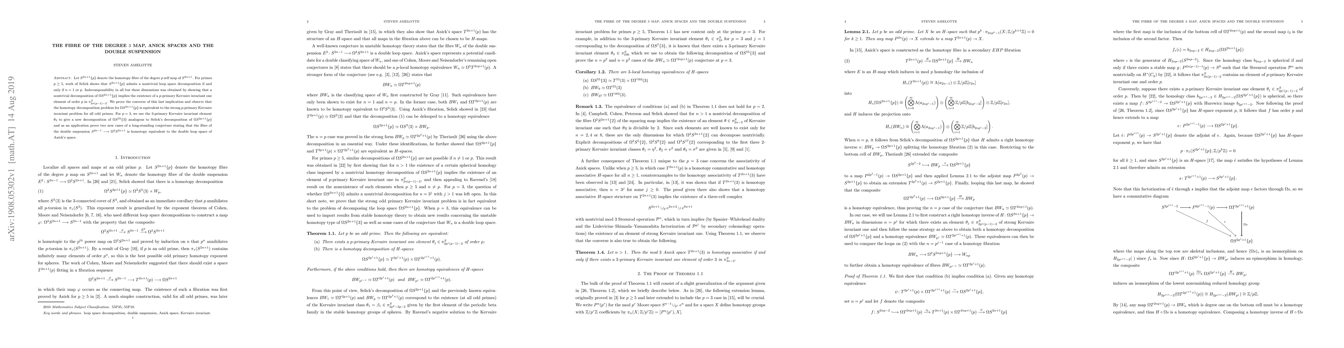 Thumbnail for The fibre of the degree $3$ map, Anick spaces and the double suspension