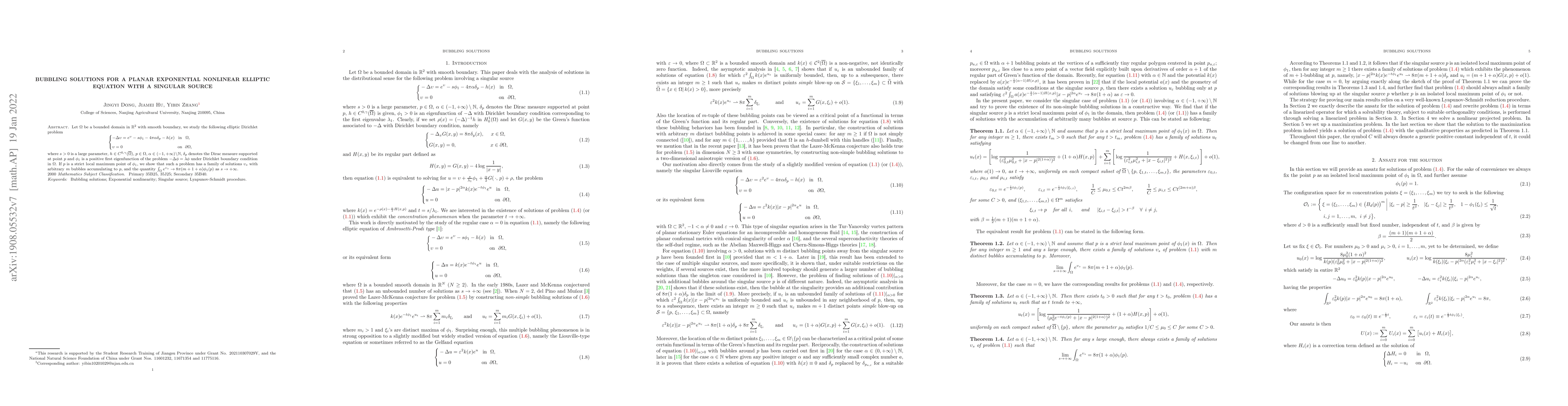 Thumbnail for Bubbling solutions for a planar exponential nonlinear elliptic equation
  with a singular source