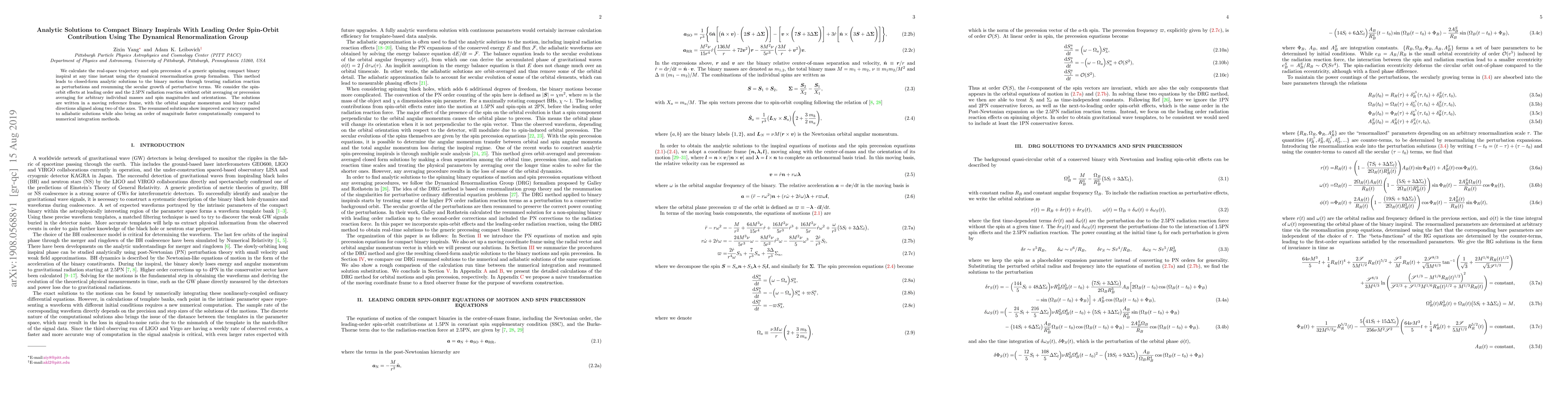 Thumbnail for Analytic Solutions to Compact Binary Inspirals With Leading Order
  Spin-Orbit Contribution Using The Dynamical Renormalization Group