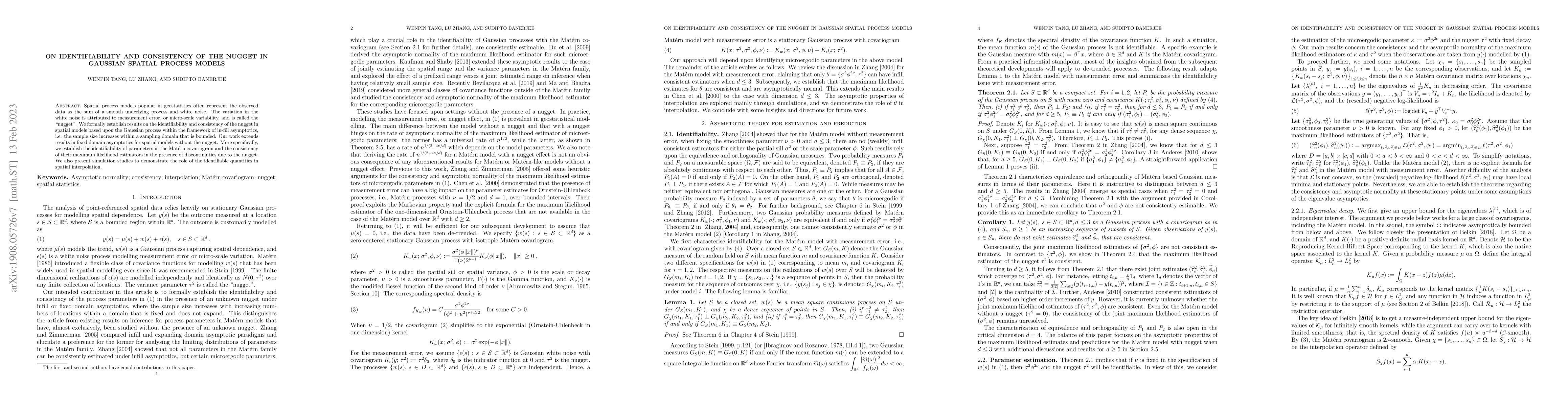 Thumbnail for On identifiability and consistency of the nugget in Gaussian spatial
  process models