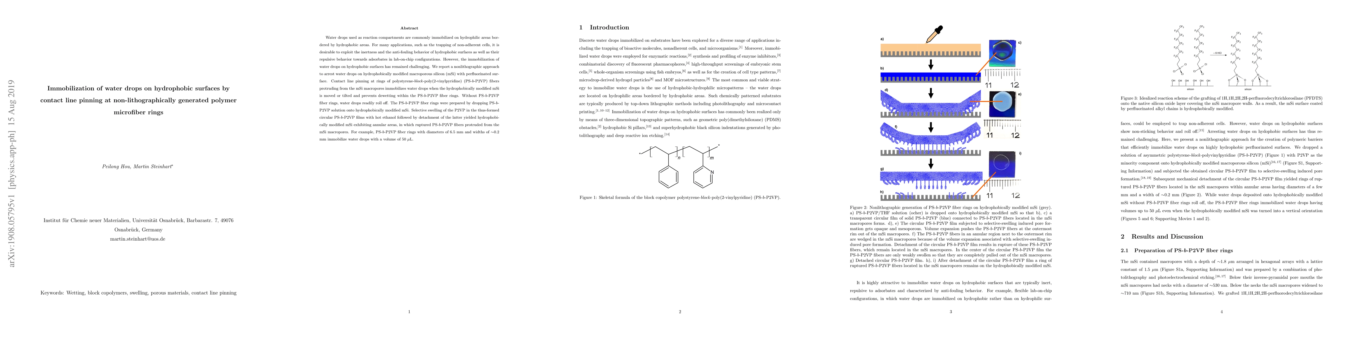 Thumbnail for Immobilization of water drops on hydrophobic surfaces by contact line
  pinning at non-lithographically generated polymer microfiber rings
