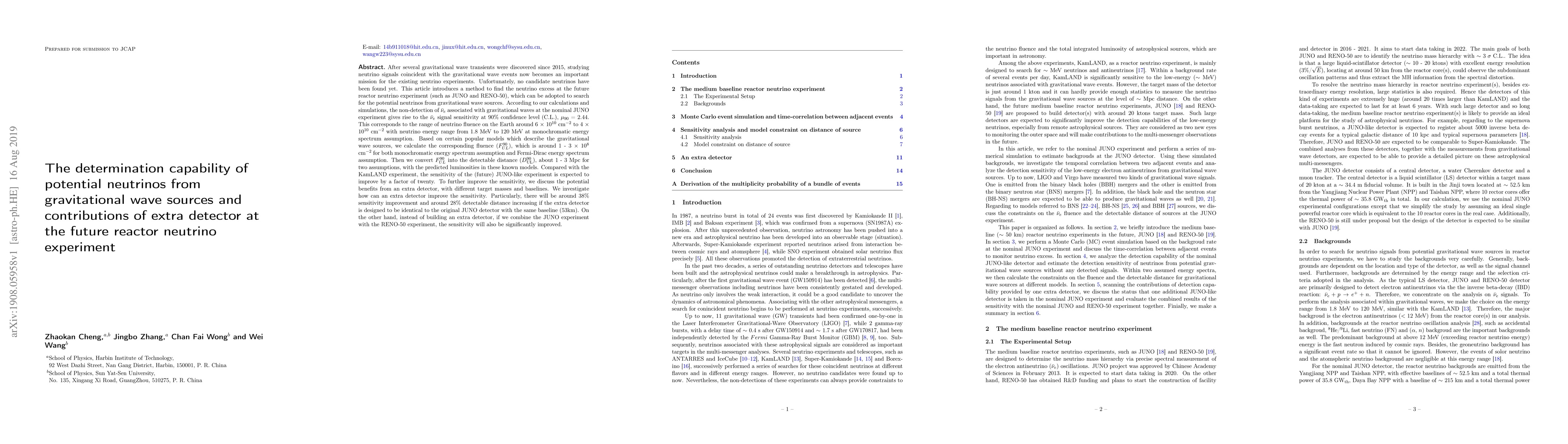 Thumbnail for The determination capability of potential neutrinos from gravitational
  wave sources and contributions of extra detector at the future reactor
  neutrino experiment