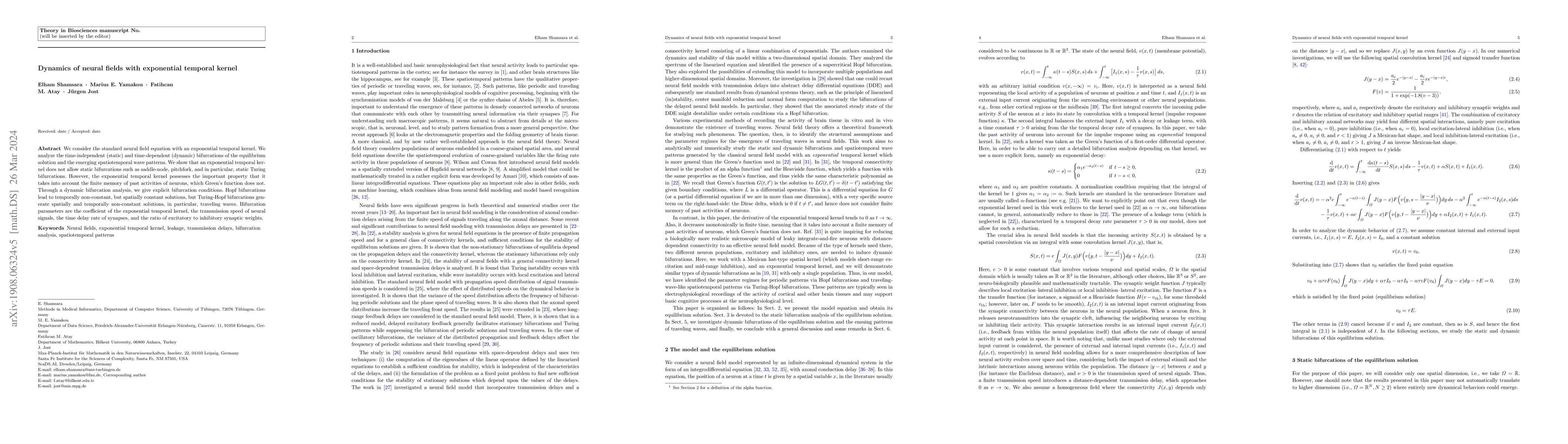 Thumbnail for Dynamics of neural fields with exponential temporal kernel