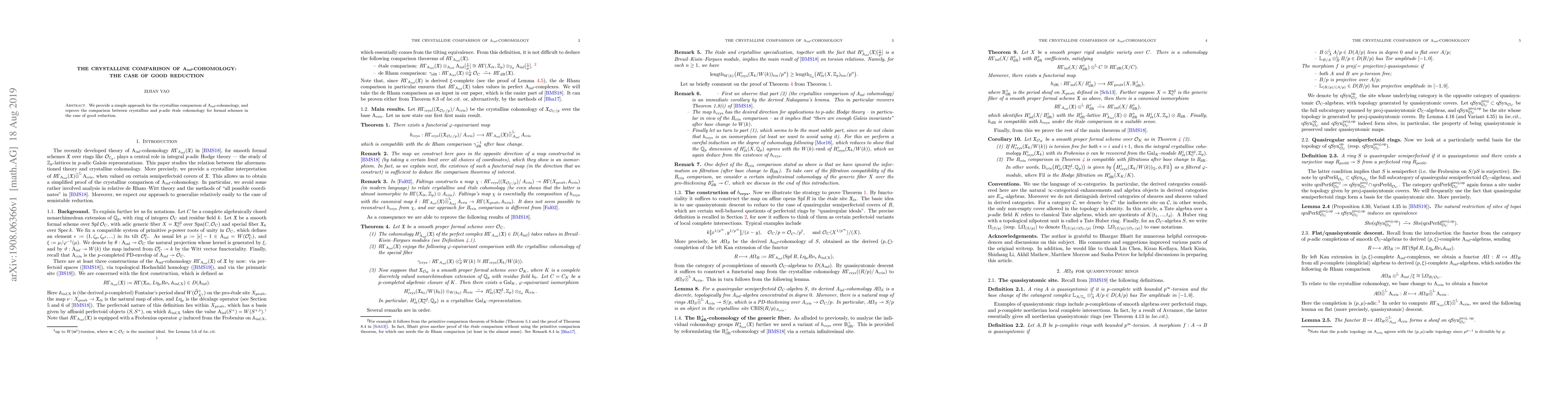 Thumbnail for The crystalline comparison of Ainf-cohomology: the case of good
  reduction