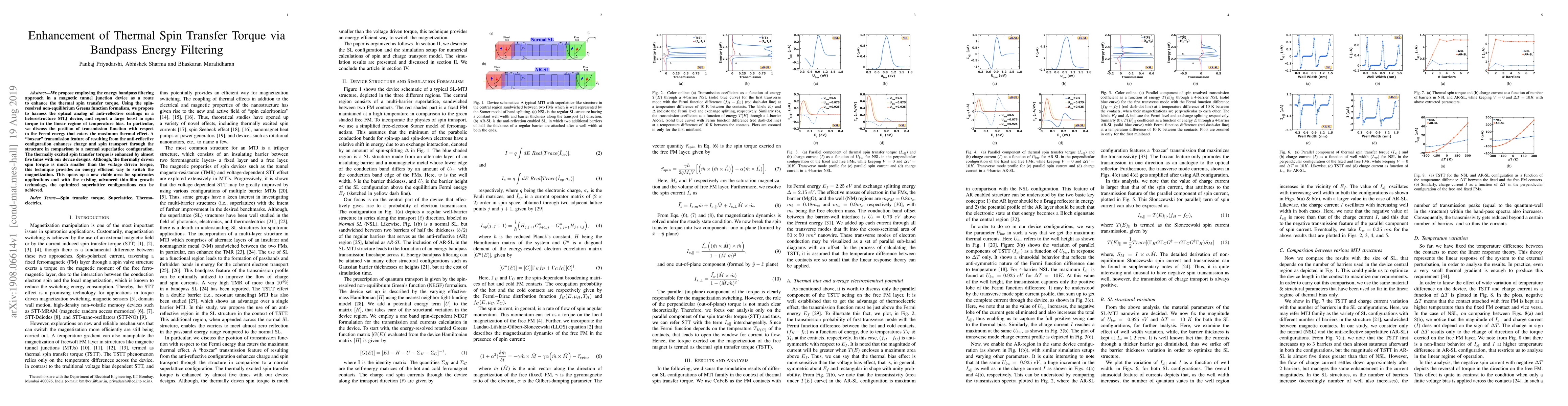 Thumbnail for Enhancement of Thermal Spin Transfer Torque via Bandpass Energy
  Filtering