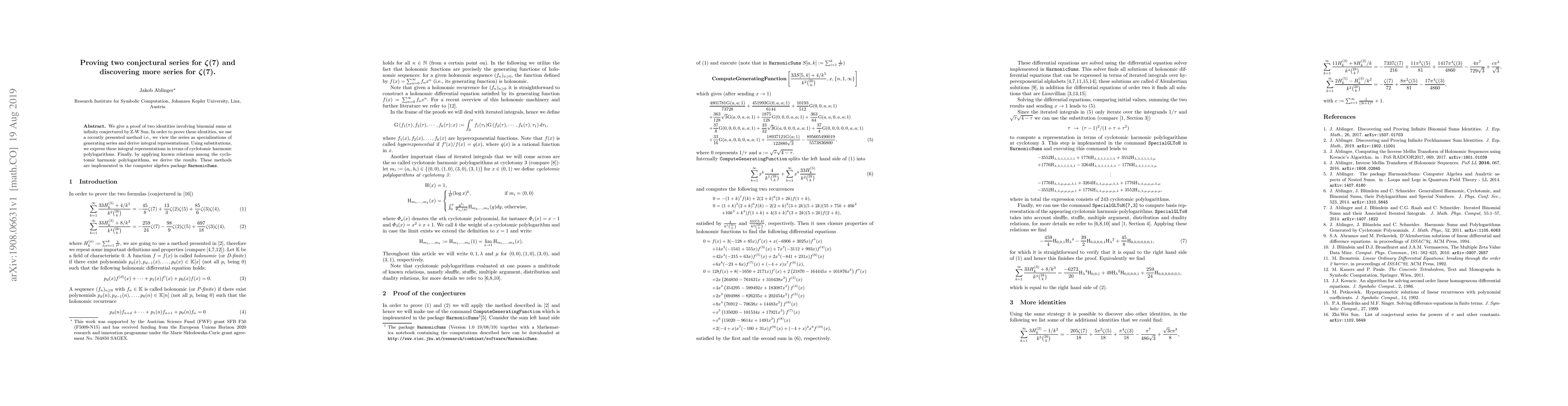 Thumbnail for Proving two conjectural series for $\zeta(7)$ and discovering more
  series for $\zeta(7)$