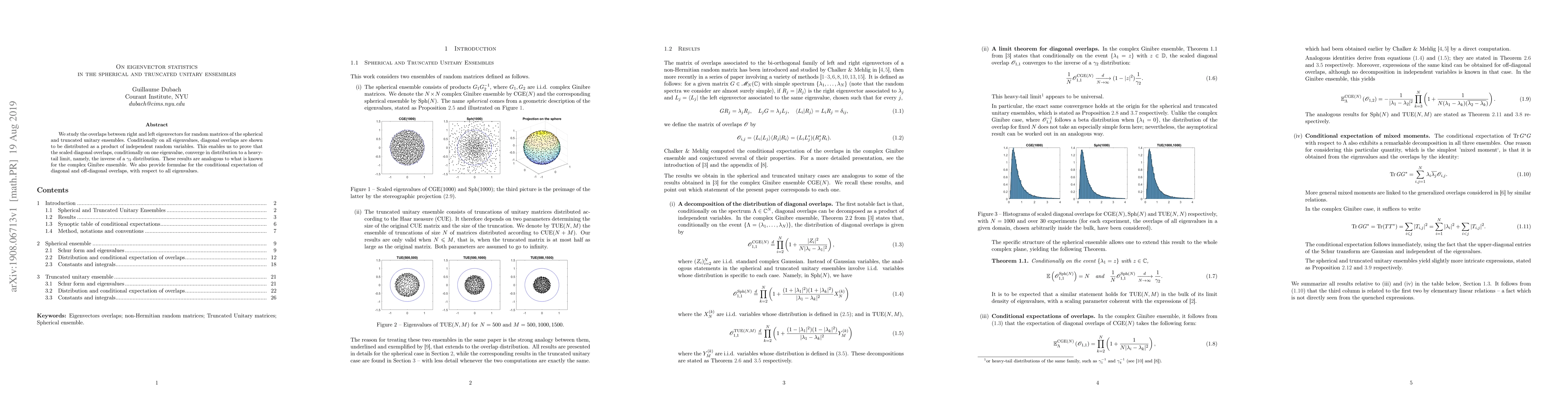 Thumbnail for On eigenvector statistics in the spherical and truncated unitary
  ensembles