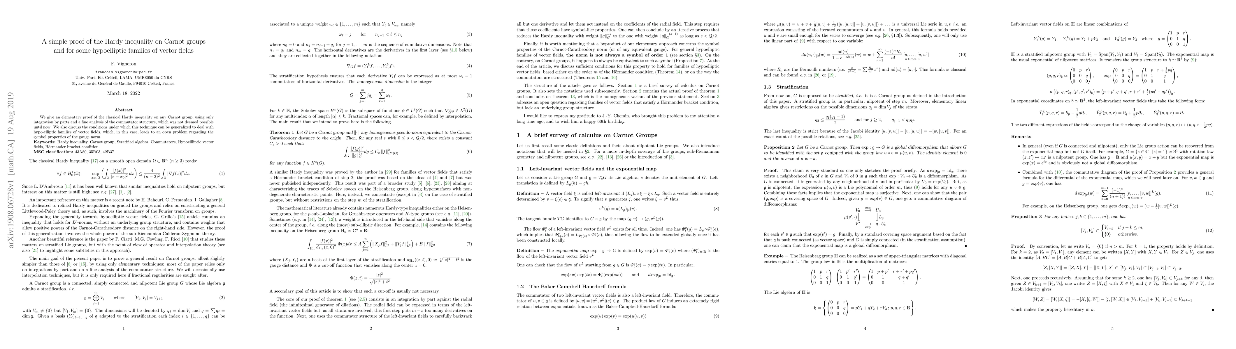 Thumbnail for A simple proof of the Hardy inequality on Carnot groups and for some
  hypoelliptic families of vector fields