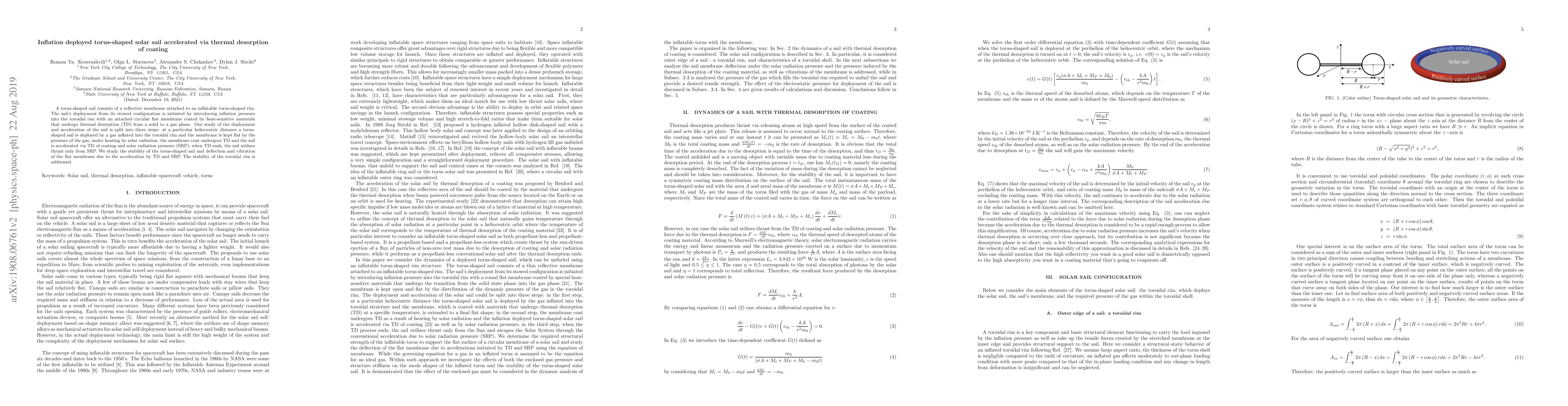 Thumbnail for Inflation deployed torus-shaped solar sail accelerated via thermal
  desorption of coating