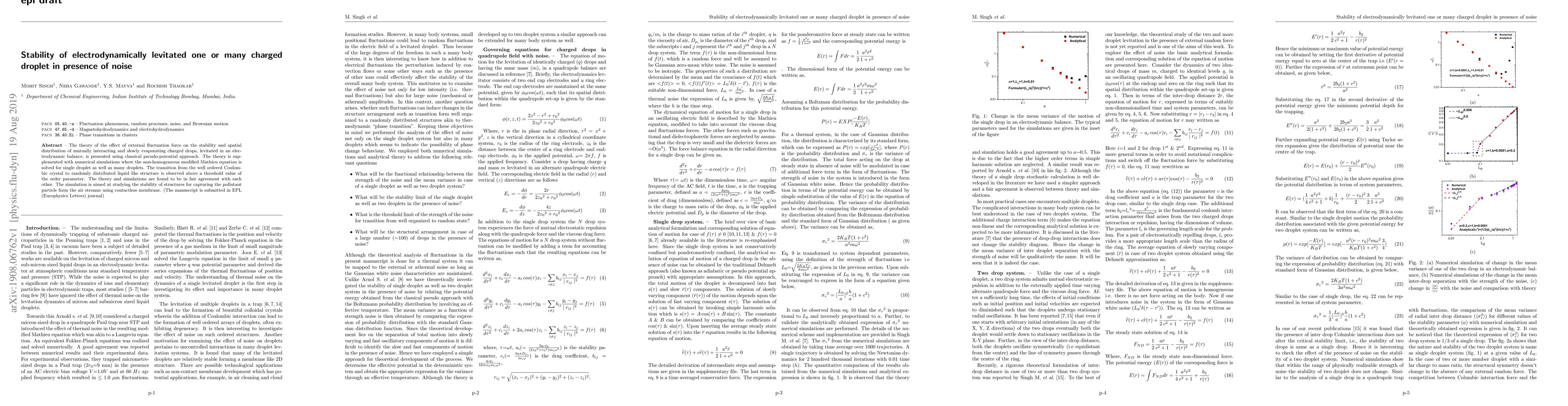Thumbnail for Stability of electrodynamically levitated one or many charged droplets
  in the presence of noise