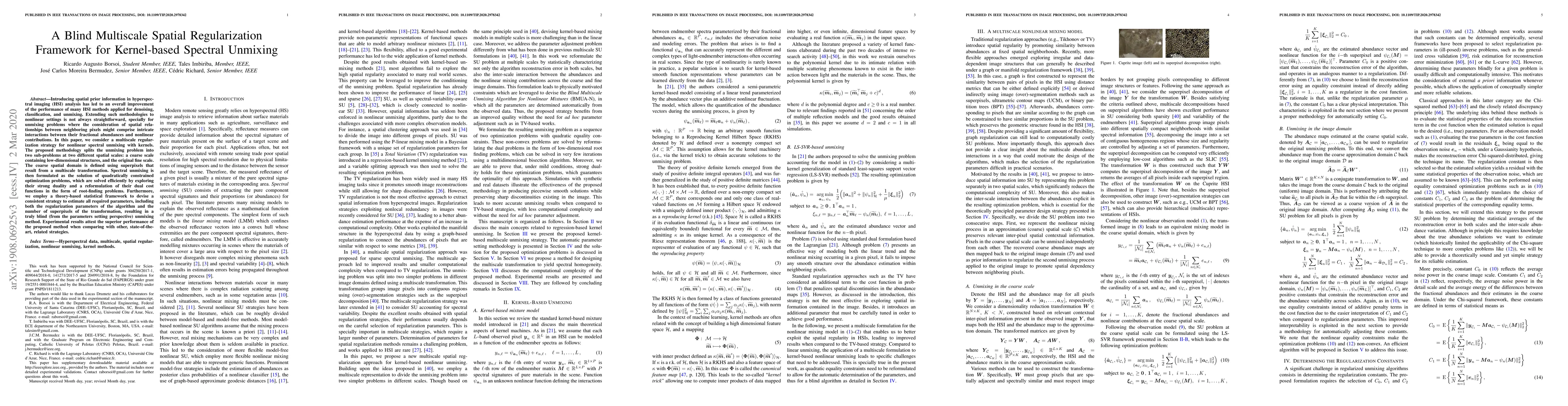 Thumbnail for A Blind Multiscale Spatial Regularization Framework for Kernel-based
  Spectral Unmixing