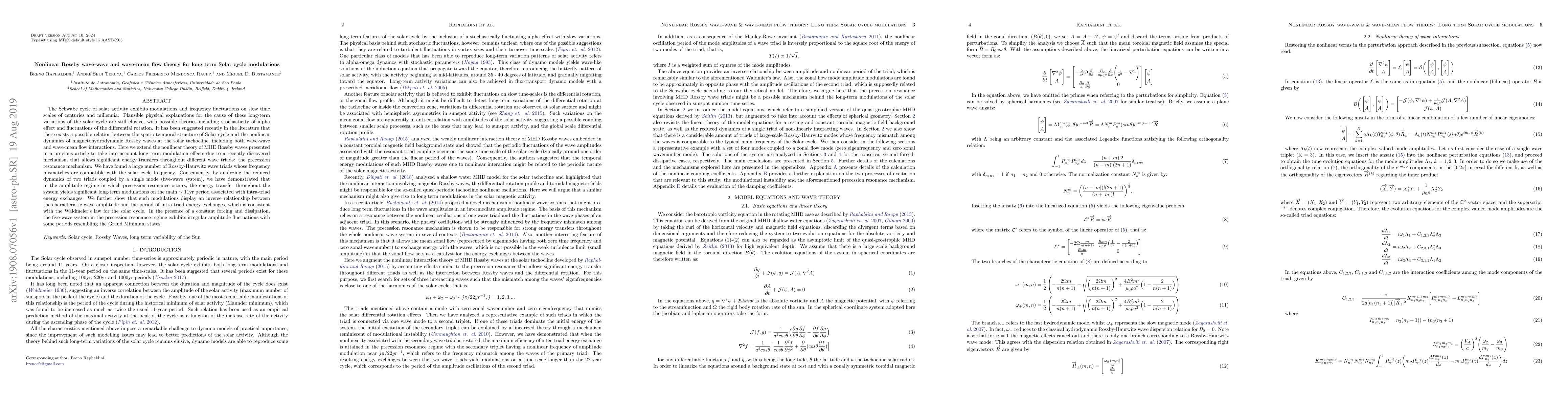 Thumbnail for Nonlinear Rossby wave-wave and wave-mean flow theory for long term Solar
  cycle modulations