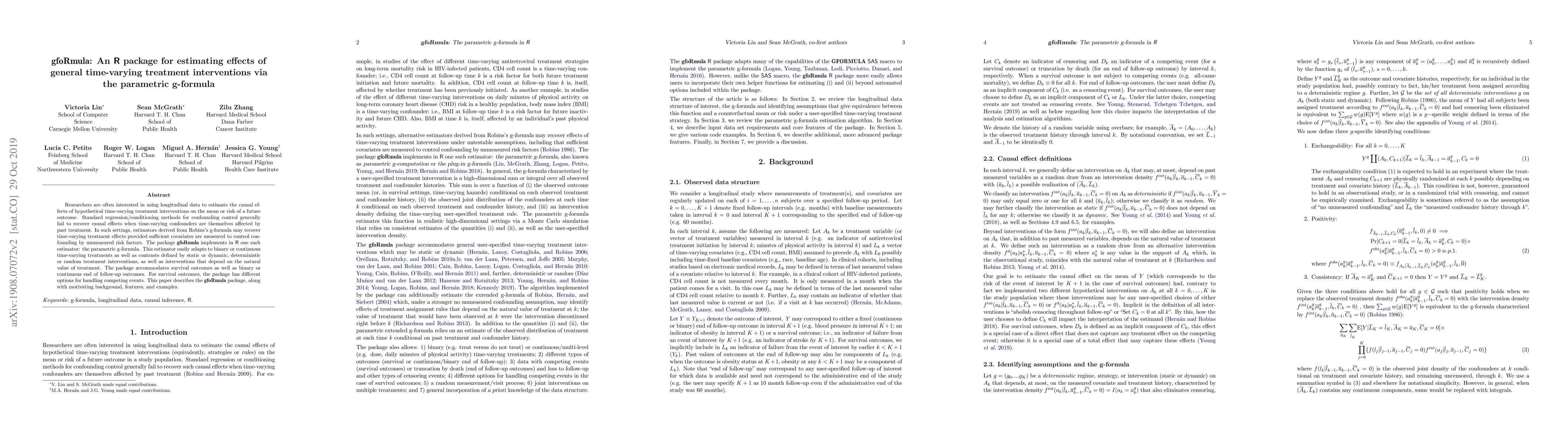 Thumbnail for gfoRmula: An R package for estimating effects of general time-varying
  treatment interventions via the parametric g-formula
