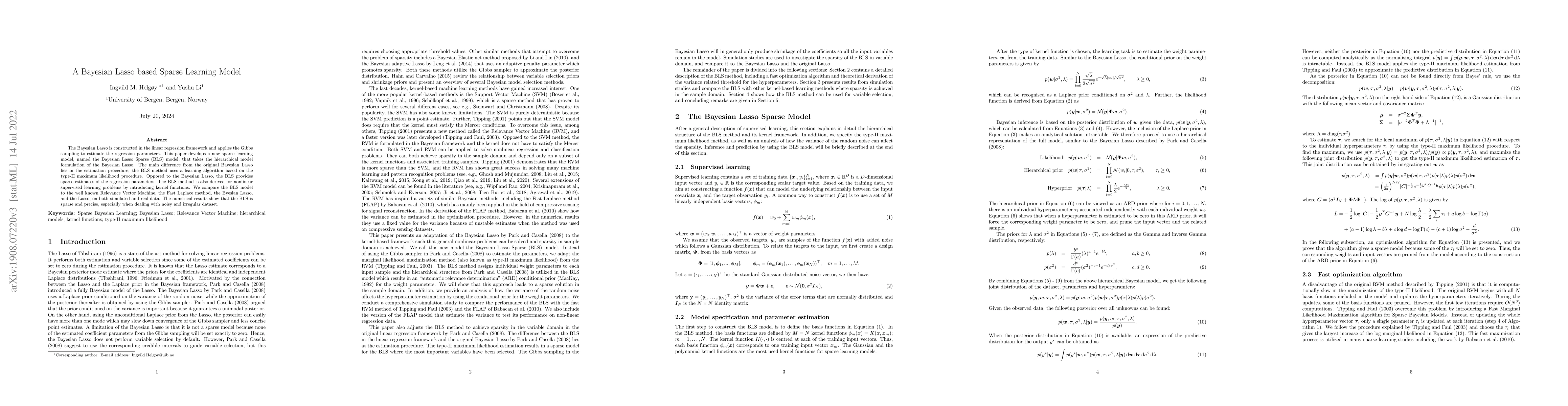 Thumbnail for A Bayesian Lasso based Sparse Learning Model