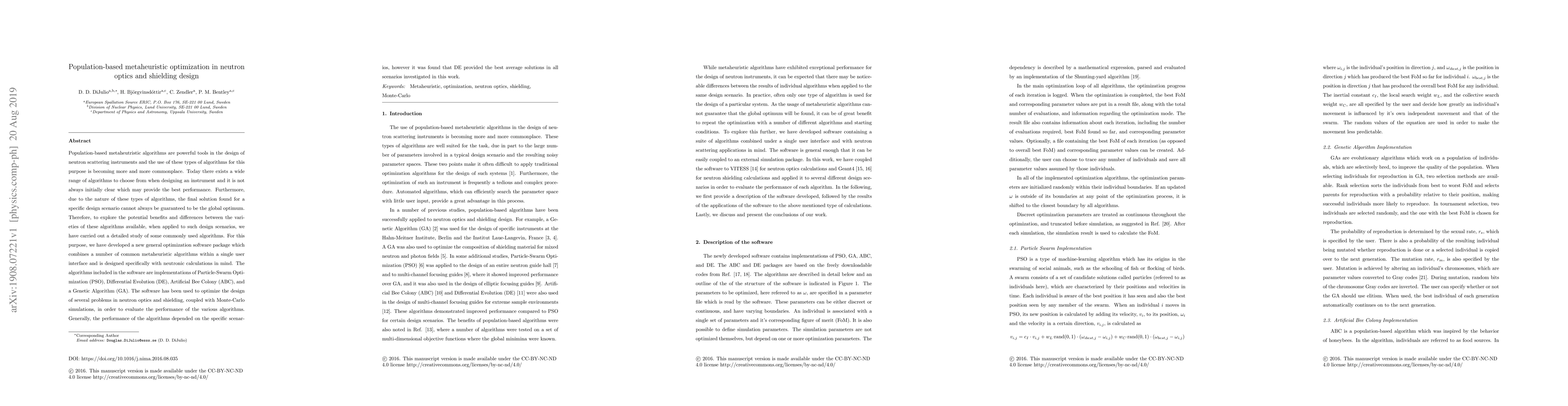 Thumbnail for Population-based metaheuristic optimization in neutron optics and
  shielding design
