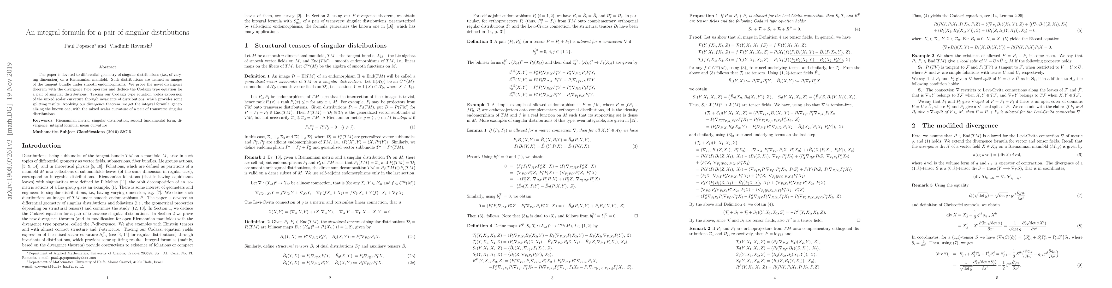 Thumbnail for An integral formula for a pair of singular distributions