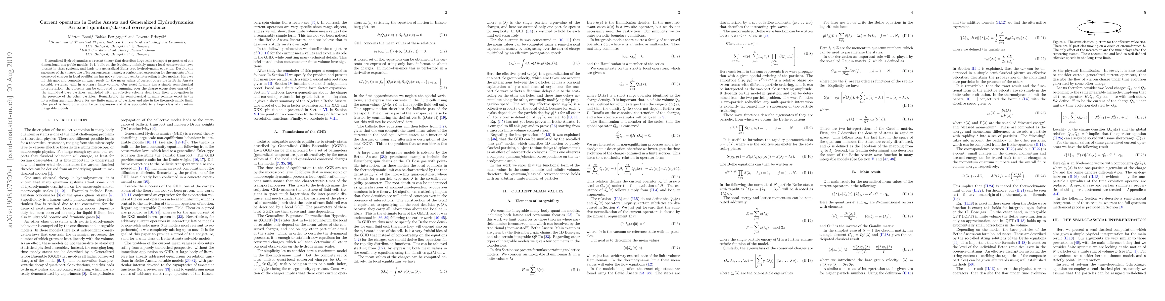 Thumbnail for Current operators in Bethe Ansatz and Generalized Hydrodynamics: An
  exact quantum/classical correspondence