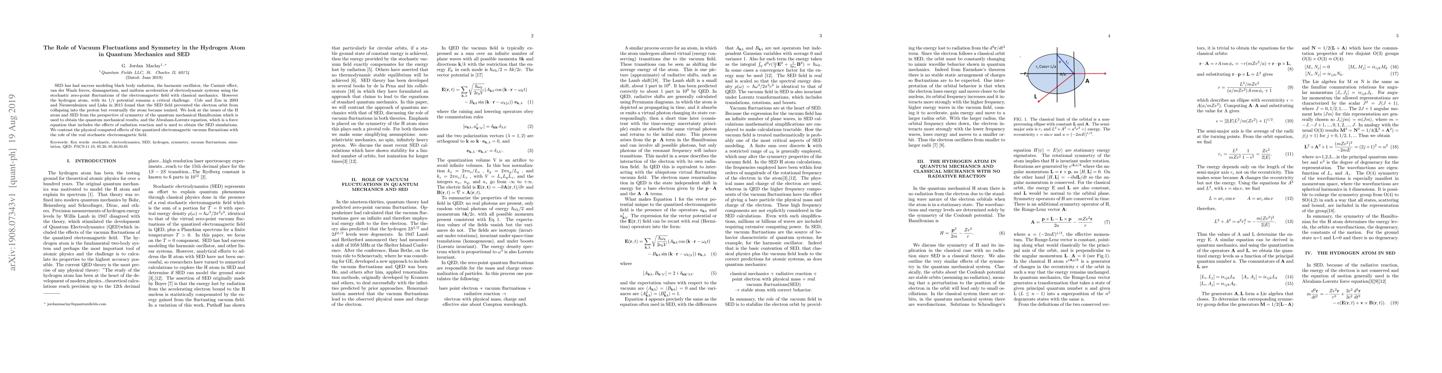 Thumbnail for The Role of Vacuum Fluctuations and Symmetry in the Hydrogen Atom in
  Quantum Mechanics and Stochastic Electrodynamics (SED)