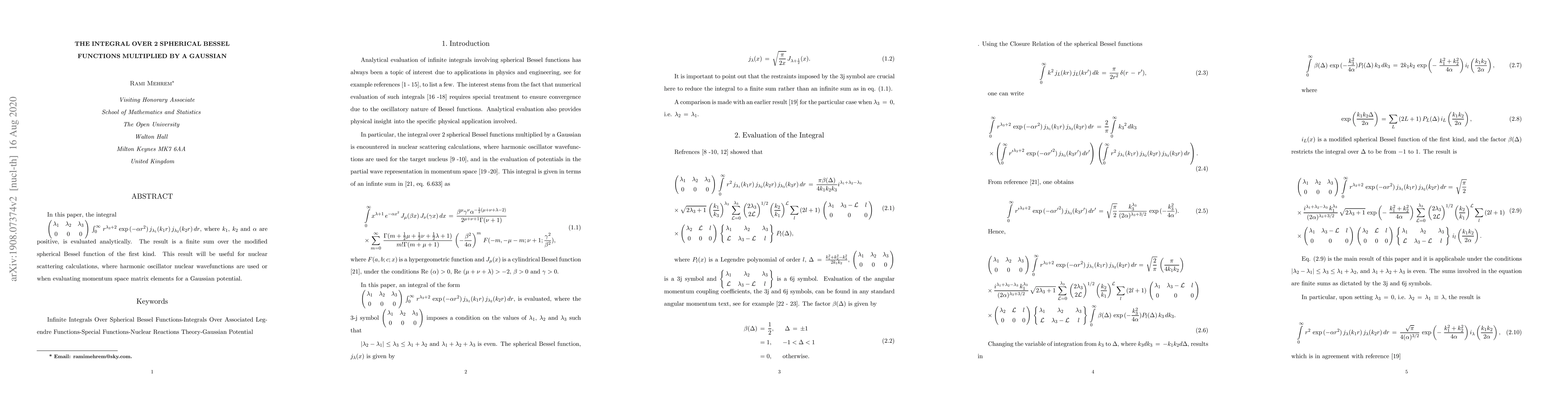 Thumbnail for The Integral Over 2 Spherical Bessel Functions Multiplied by a Gaussian