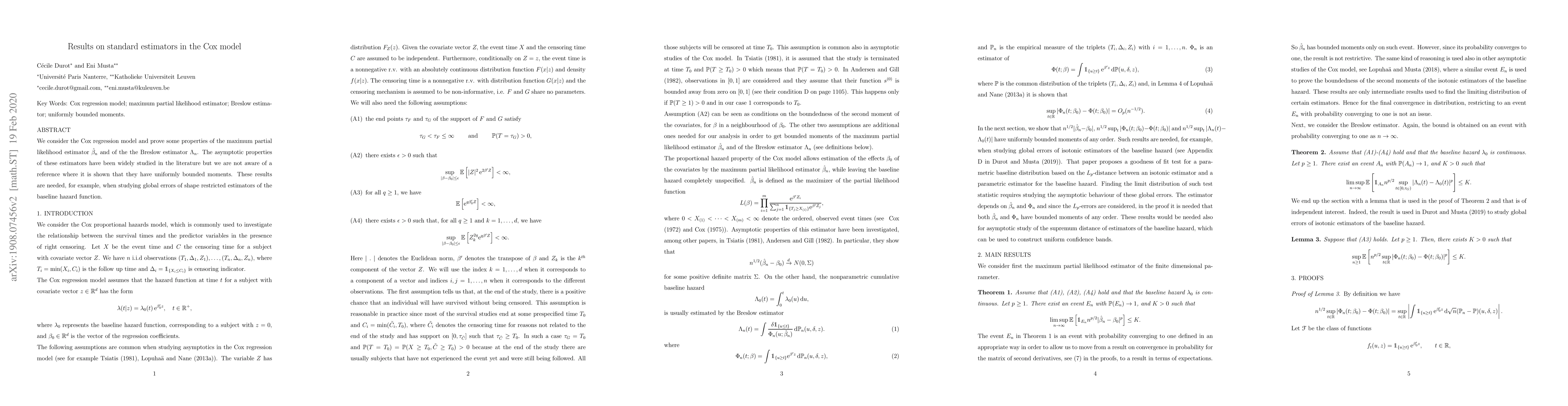 Thumbnail for Results on standard estimators in the Cox model