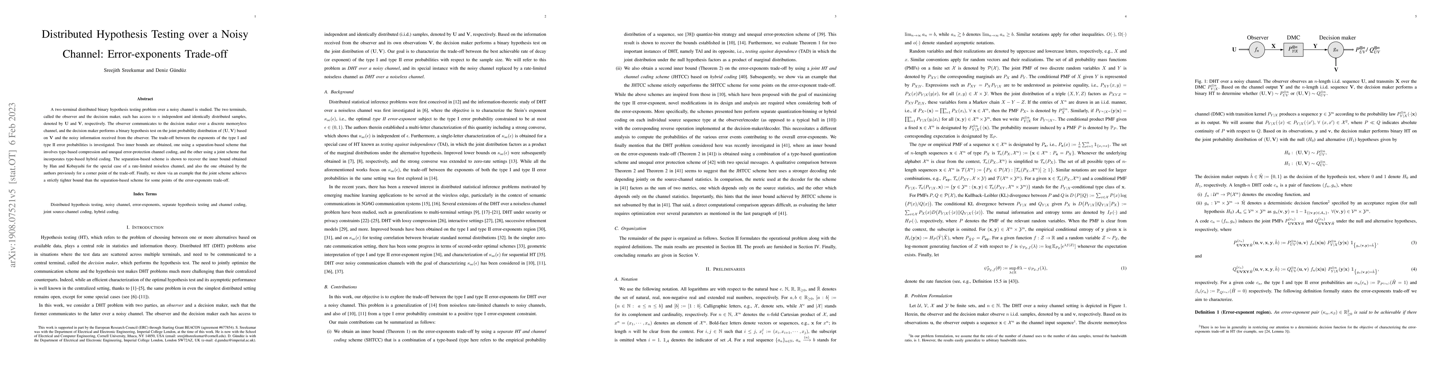 Thumbnail for Distributed Hypothesis Testing over a Noisy Channel: Error-exponents
  Trade-off