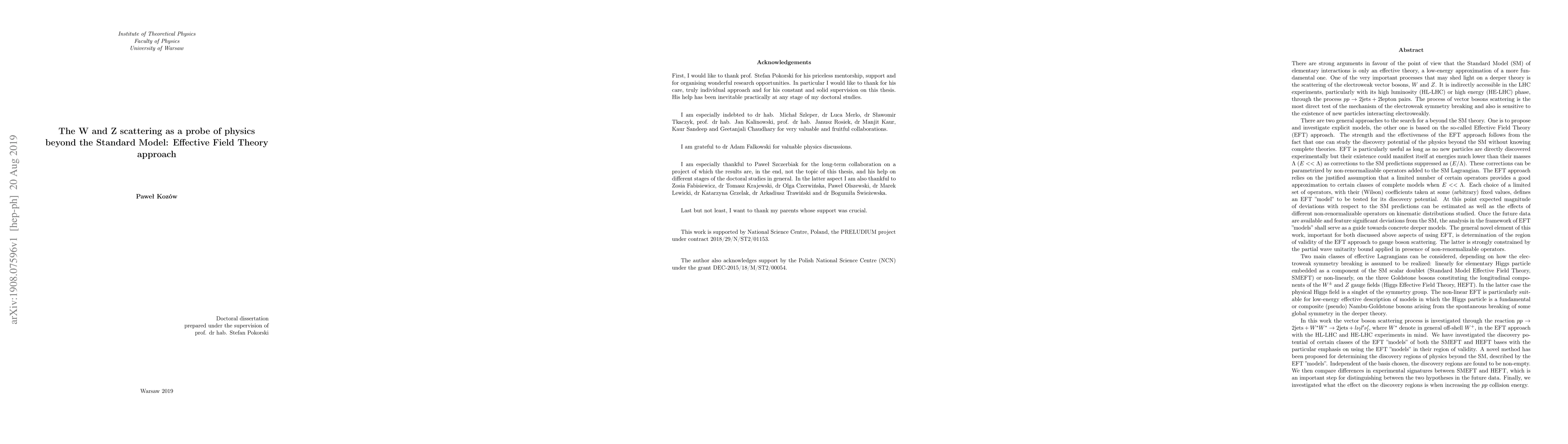 Thumbnail for The W and Z scattering as a probe of physics beyond the Standard Model:
  Effective Field Theory approach