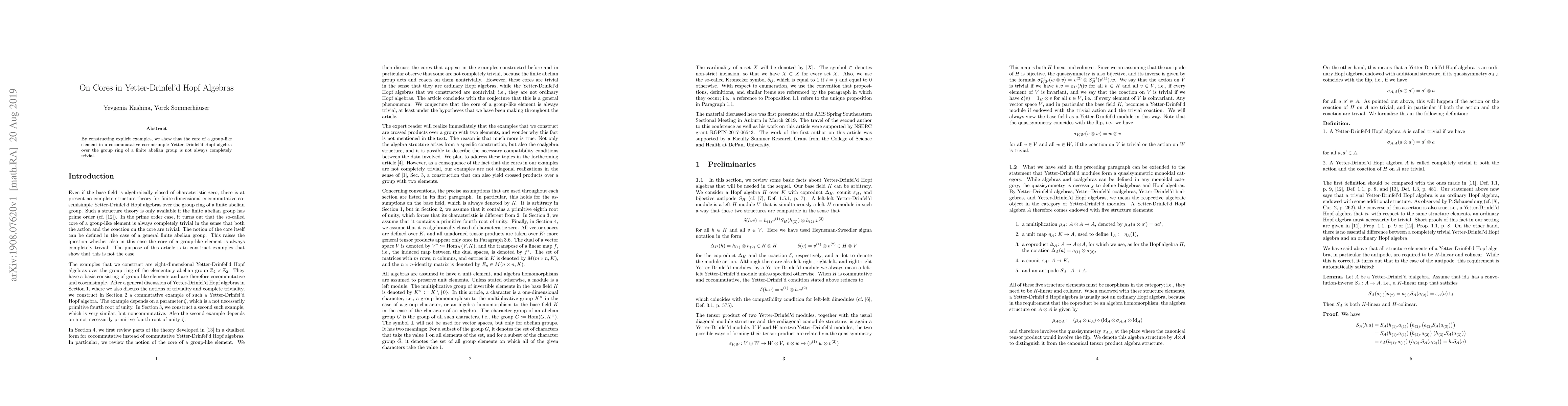 Thumbnail for On Cores in Yetter-Drinfel'd Hopf Algebras