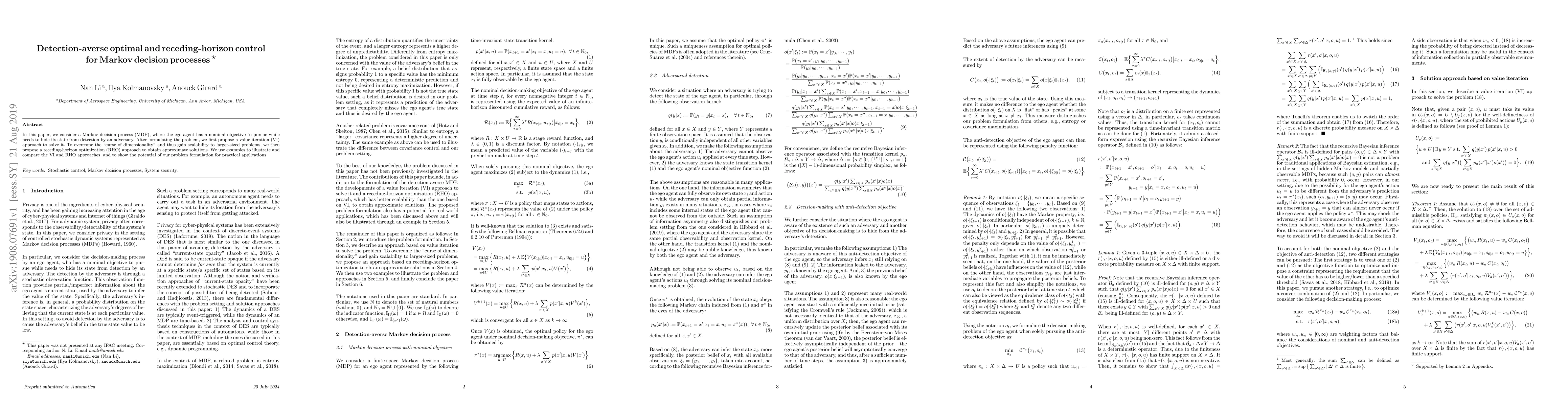 Thumbnail for Detection-averse optimal and receding-horizon control for Markov
  decision processes