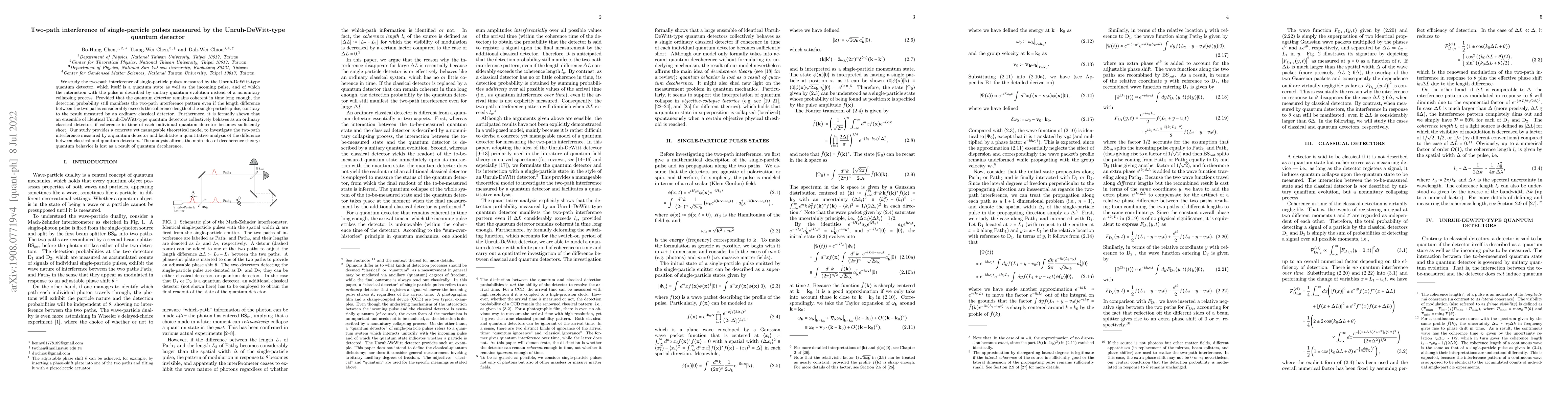 Thumbnail for Two-path interference of single-particle pulses measured by the
  Unruh-DeWitt-type quantum detector