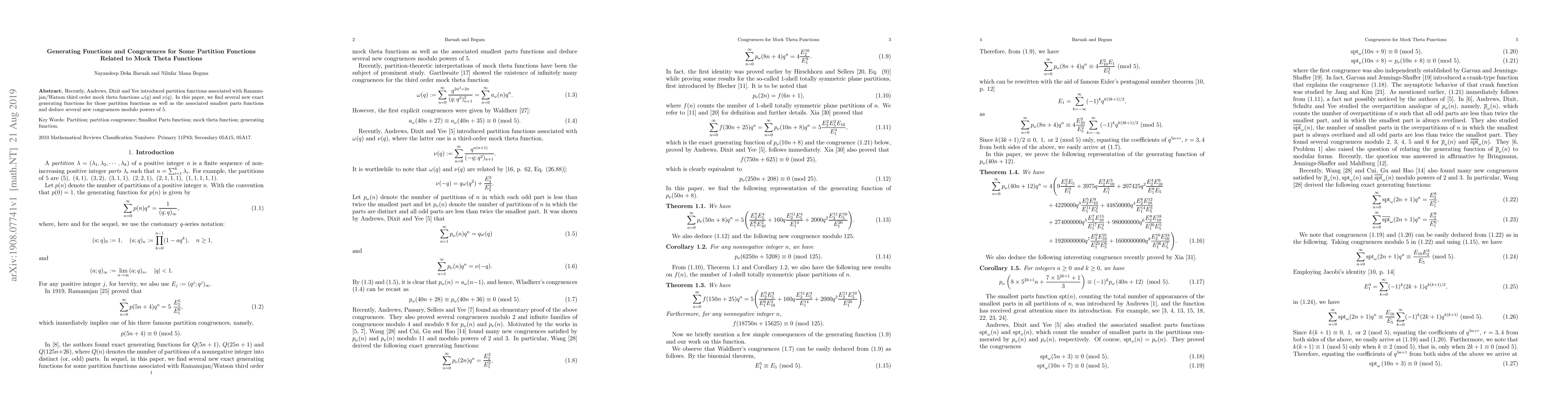 Thumbnail for Generating Functions and Congruences for Some Partition Functions
  Related to Mock Theta Functions